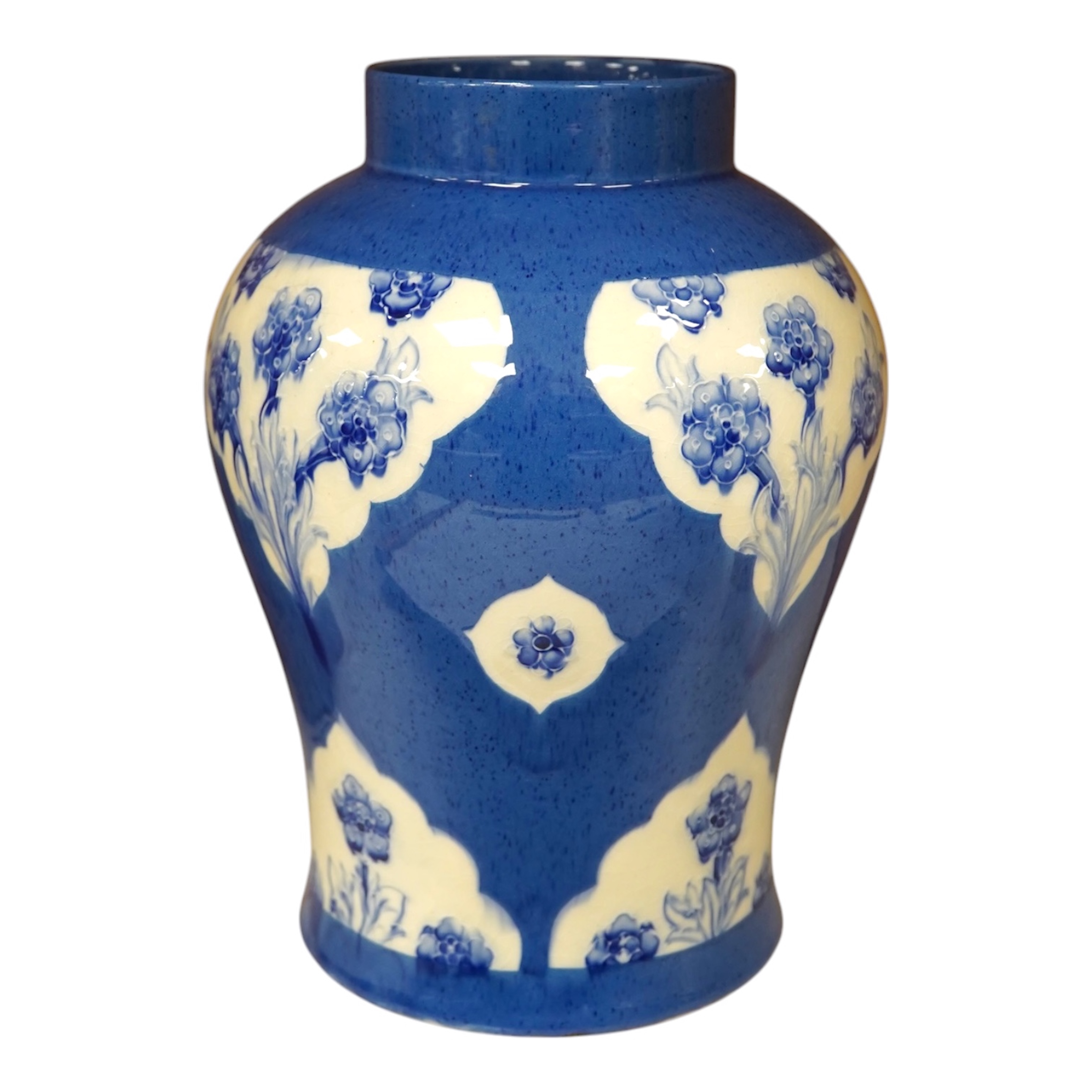 A large Moorcroft late Florian forget-me-nots powder blue temple jar, 29cm high. Condition - fair, chip to base